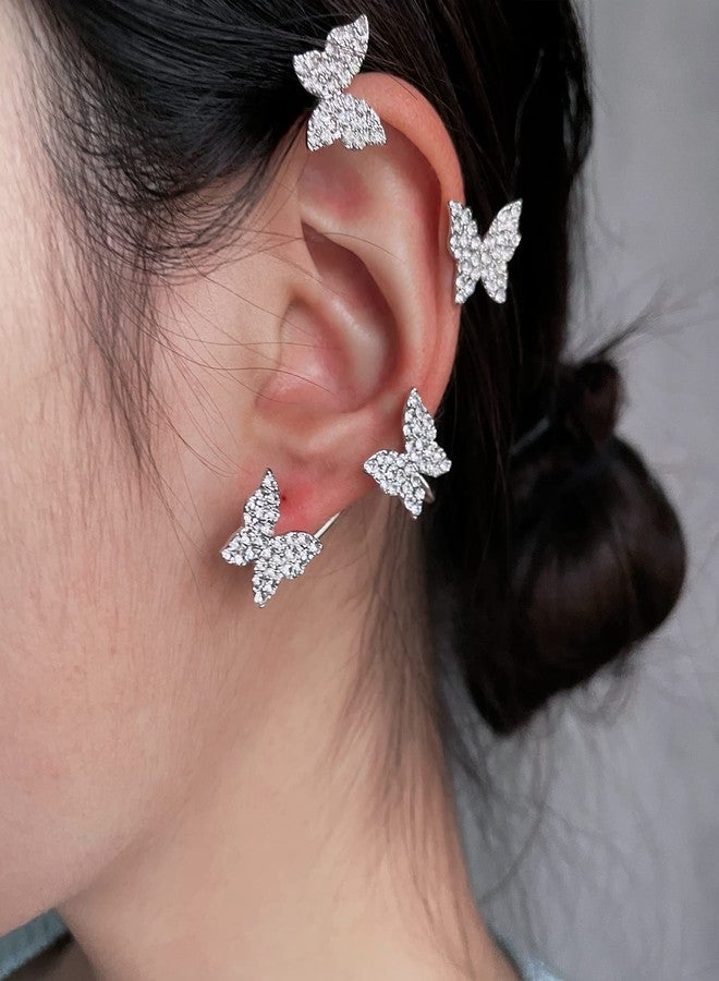 DOLLESS Butterfly Ear Cuffs Earrings Rhinestone Butterfly Ear Wrap No Piercing Ear Cuff Clip On Earrings for Women (Silver) - Image 4